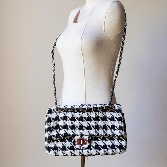 Sam Forever Black White Tweed Houndstooth Crossbody Bag Shoulder Purse Preppy - Picture 1 of 7